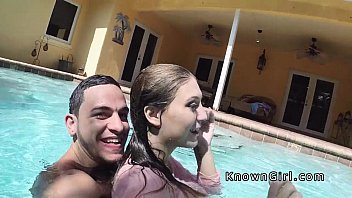 Busty girlfriend fucks in the outdoor pool