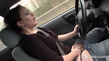 Sexy Lou driving and rubbing her wet pussy